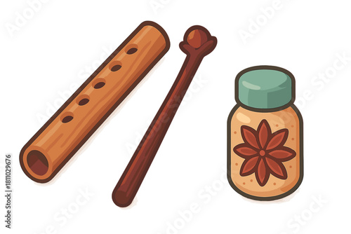 Stylized wooden flute, mystical wand, and small jar with star anise design