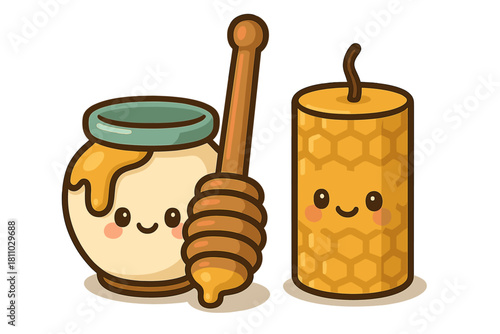 Cute honey jar and beeswax candle characters with dipper on white background