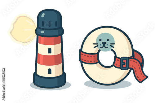 Cute cartoon seal character wearing a life preserver next to a shining lighthouse