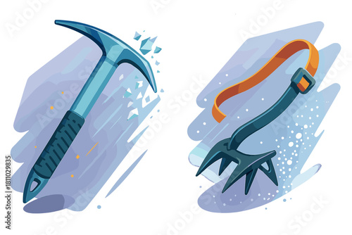 Set of essential mountaineering equipment featuring a sharp ice axe and durable crampons