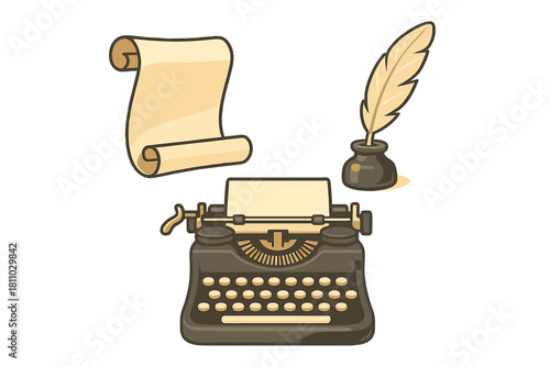 Vintage typewriter, old scroll, and quill pen with inkwell set for writing