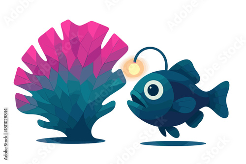 Deep sea anglerfish character swimming near colorful geometric coral structure