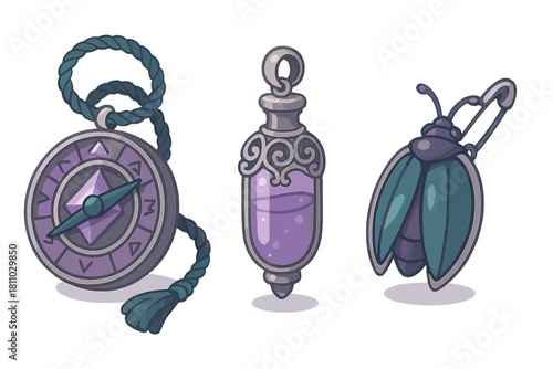 Magical fantasy game assets set with compass amulet, potion vial, and beetle brooch pin