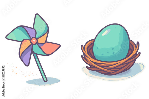 Pinwheel toy with vibrant blades next to a speckled blue egg sitting inside a bird's nest
