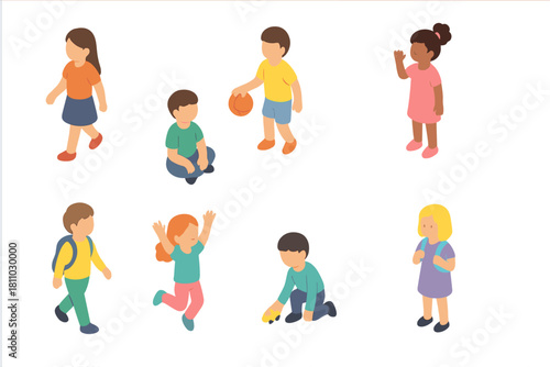 Isometric diverse group of children playing and walking figures