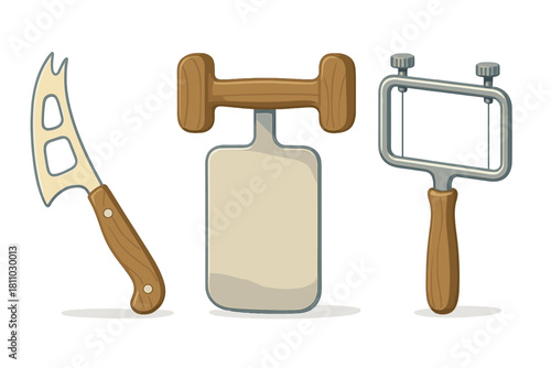 Collection of professional cheese knives and slicers with wooden handles for serving