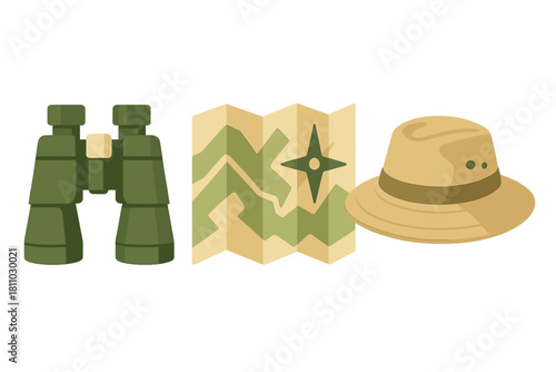 Classic exploration equipment set featuring binoculars, a folded map, and a safari hat