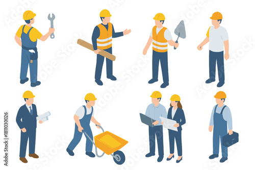 Isometric construction team of engineers and workers with tools