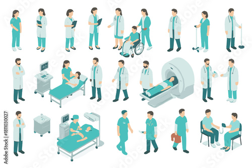Collection of isometric scenes showing medical staff providing patient care