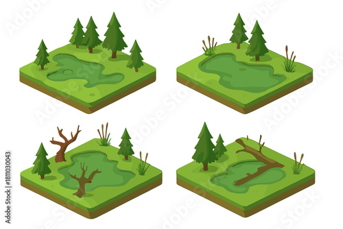 Isometric landscape tiles showing forest swamp environments with trees and ponds