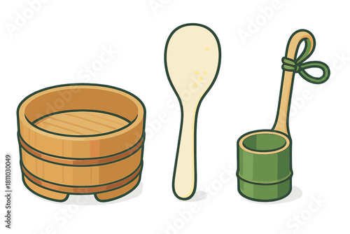 Traditional Japanese bathing tools set with wooden bucket and bamboo water ladle