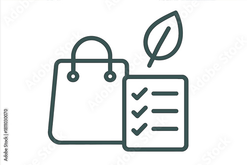 Green shopping bag, checklist, and leaf symbol for sustainable consumerism and ethical sourcing