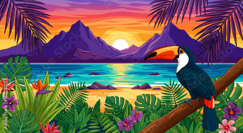 Vibrant tropical jungle sunset illustration with a majestic toucan bird perched on a branch by the serene ocean shore