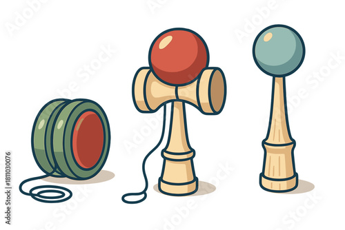 Set of traditional skill toys including yo-yo, kendama, and cup and ball game