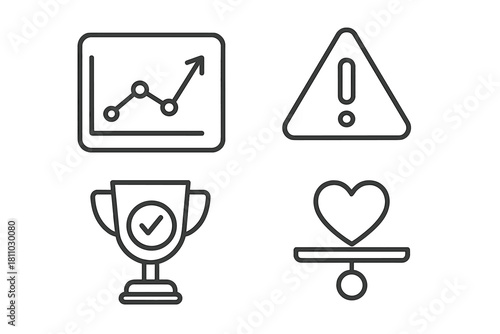Financial success, potential risk, achievement trophy, and emotional preference balance outline symbols