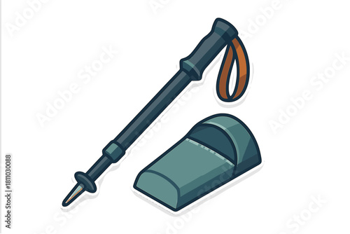 Trekking pole and sleeping bag for hiking and outdoor camping adventures