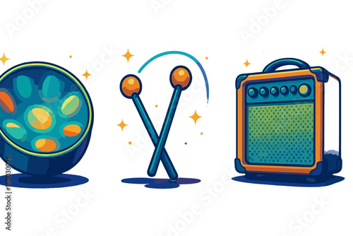 Brightly colored steelpan drum, crossed mallets, and retro sound amplifier equipment