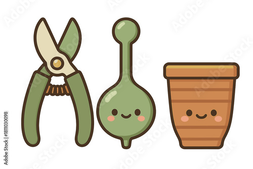 Cute gardening tools set with smiling secateurs, bulb planter, and terracotta flower pot