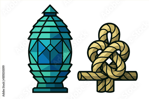 Faceted geometric lighthouse lantern and complex nautical rope knot symbol