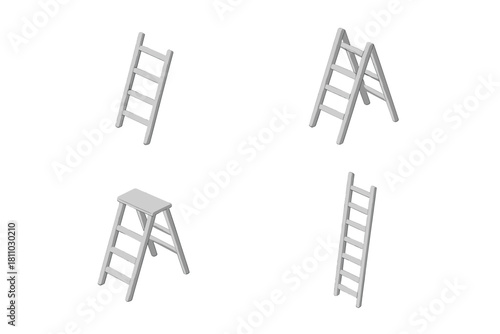 Isometric set of white ladders, stepladders, and step stools for home improvement tasks