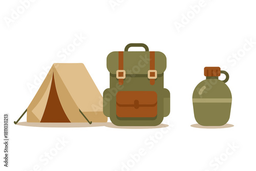 Essential outdoor camping equipment set featuring a tent, backpack, and water canteen