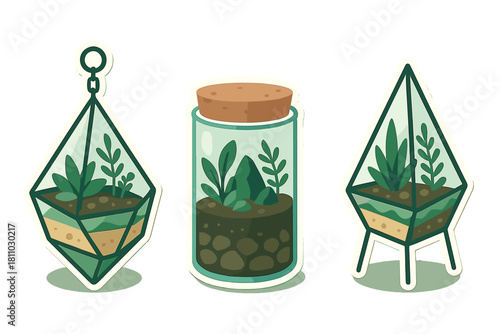 Three cute potted succulent and plant terrarium stickers set