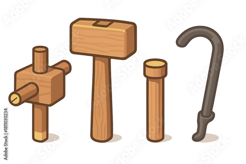 Collection of wooden and metal carpentry tools including mallet, marking gauge, and crowbar