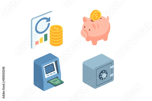 Isometric financial concepts showing money saving cash withdrawal secure storage and market analysis