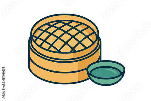 Traditional Bamboo Steamer Basket for Steaming Dim Sum Dumplings Next to a Small Bowl of Dipping Sauce