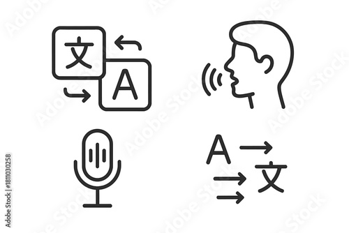 Set of icons for language translation and voice recognition in digital apps