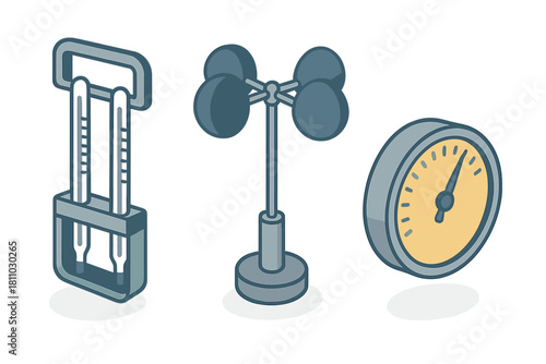 Isometric weather measurement instruments collection featuring thermometer anemometer and pressure gauge