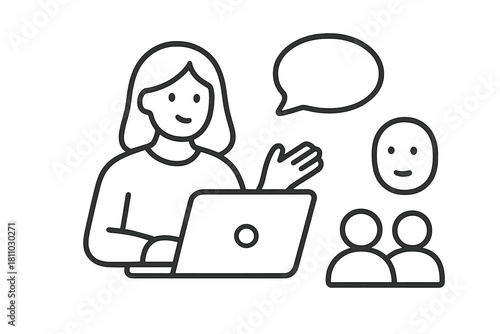 Woman communicating online with group using laptop and speech bubble