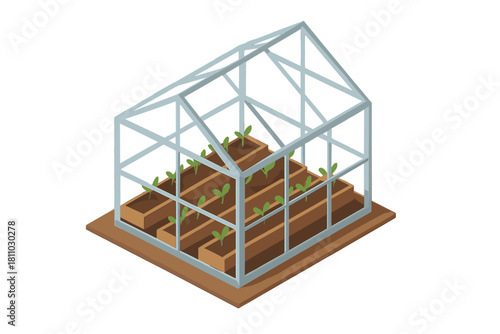 Small glass greenhouse structure with tiered raised garden beds and young seedlings