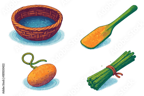 Woven basket, wooden paddle, sprouting potato, and tied chives on white background