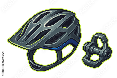 Essential protective cycling helmet and rugged flat pedal for mountain biking sport