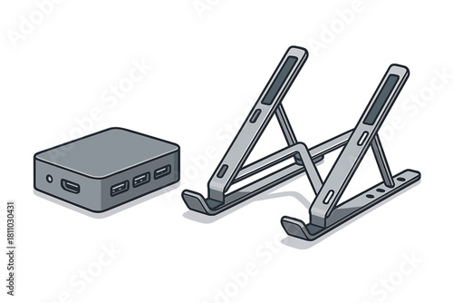 Isometric view of portable laptop stand and USB hub accessory set