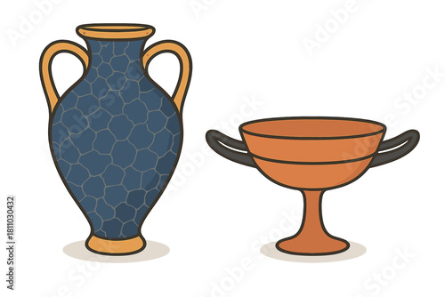Ancient Greek ceramic pottery amphora and kylix isolated objects