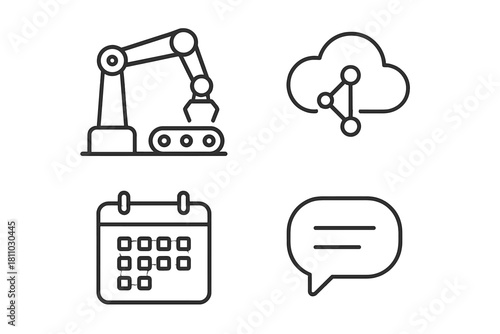 Four outline icons representing industry automation and digital communication concepts