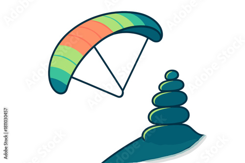 Striped paragliding canopy hovering above a cairn of smooth balanced stones