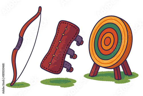 Traditional wooden bow, leather arm guard, and colorful archery target on grass
