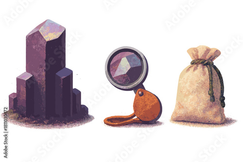 Purple crystal, jeweler's loupe, and tied cloth bag of treasure collection