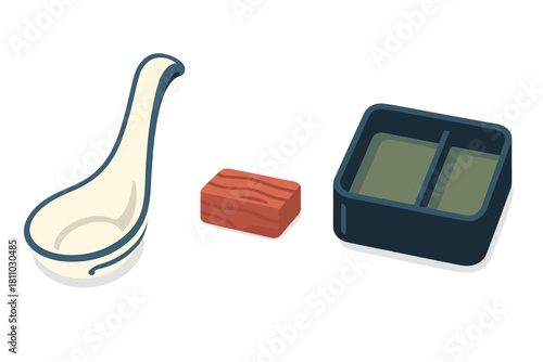 Stylized kitchenware elements: ceramic spoon, wooden block, divided container