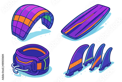 Essential kitesurfing gear set featuring kite, board, harness, and fins in bright colors