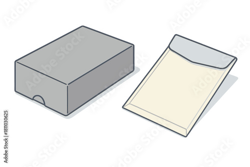 Isometric view of blank gray packaging box and manila envelope