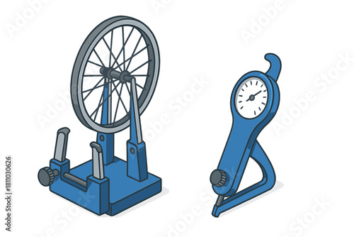 Bicycle wheel truing stand and dial indicator gauge isometric view