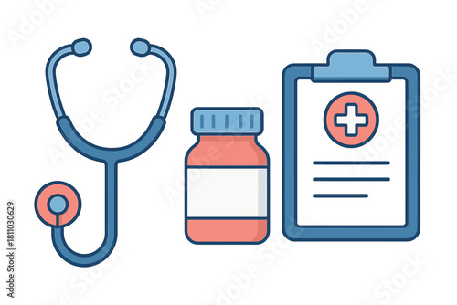 Medical tools set including stethoscope, prescription bottle, and patient chart clipboard