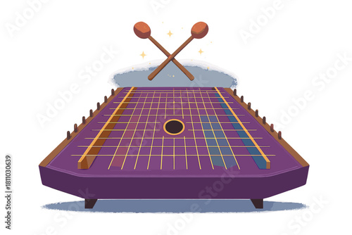 Vibrant purple hammered dulcimer with golden strings and crossed wooden mallets