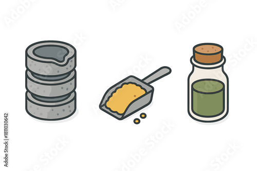 Isometric industrial materials icons including granular powder, chemical bottle, and concrete rings