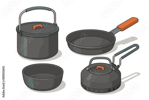Isometric camping cookware set with pot pan kettle and bowl