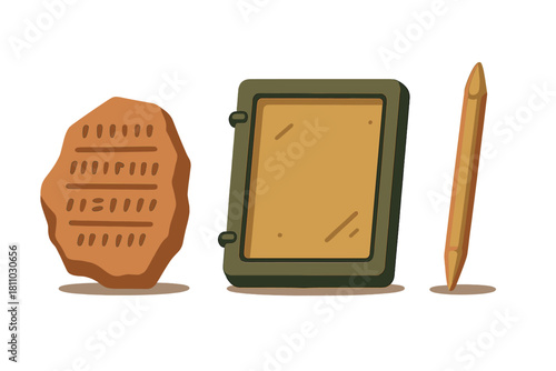 Ancient writing tools set with cuneiform clay tablet, hinged wooden board, and stylus